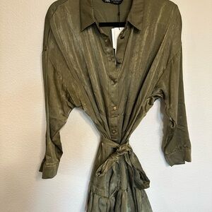 Zara Olive Green Button-Up Dress NWT